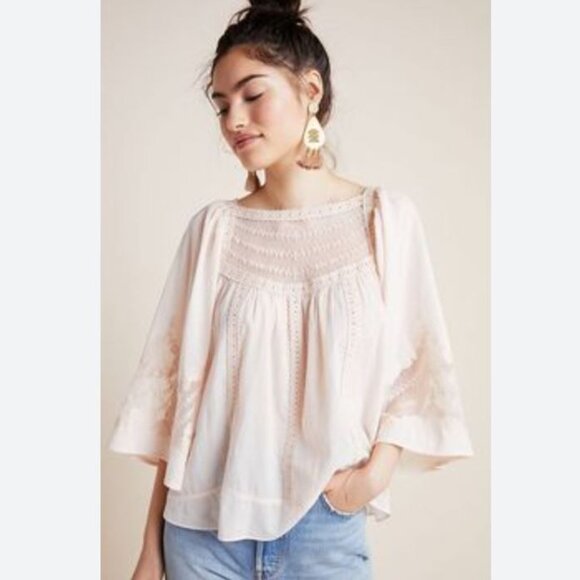 Anthropologie | Valentia Boho Embroidered Victorian Peasant Top Pale Pink | 6 - Picture 2 of 13
